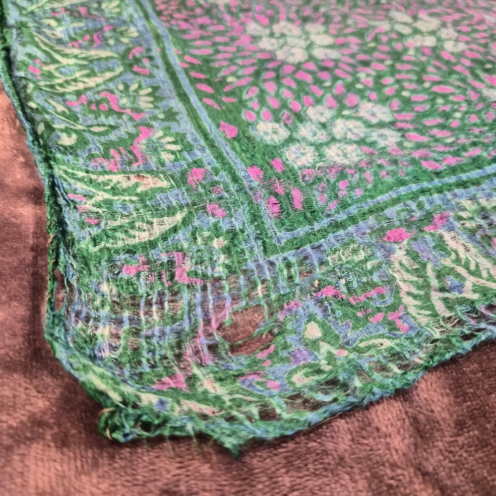 Vintage Silk Square Scarf Green Purple Floral Paisley Block Print 27x27 Thin - Picture 2 of 7